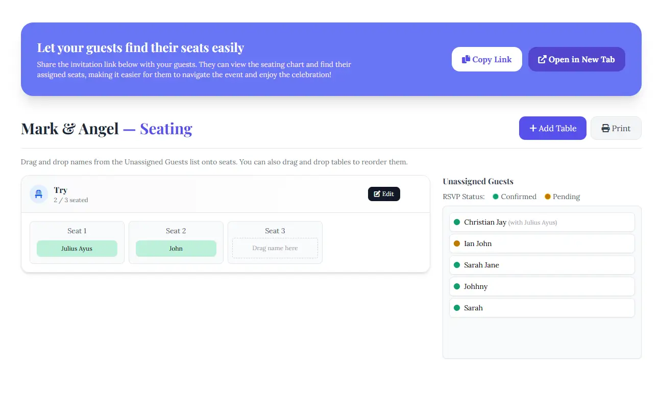 Seating Assigment Dashboard - link of time