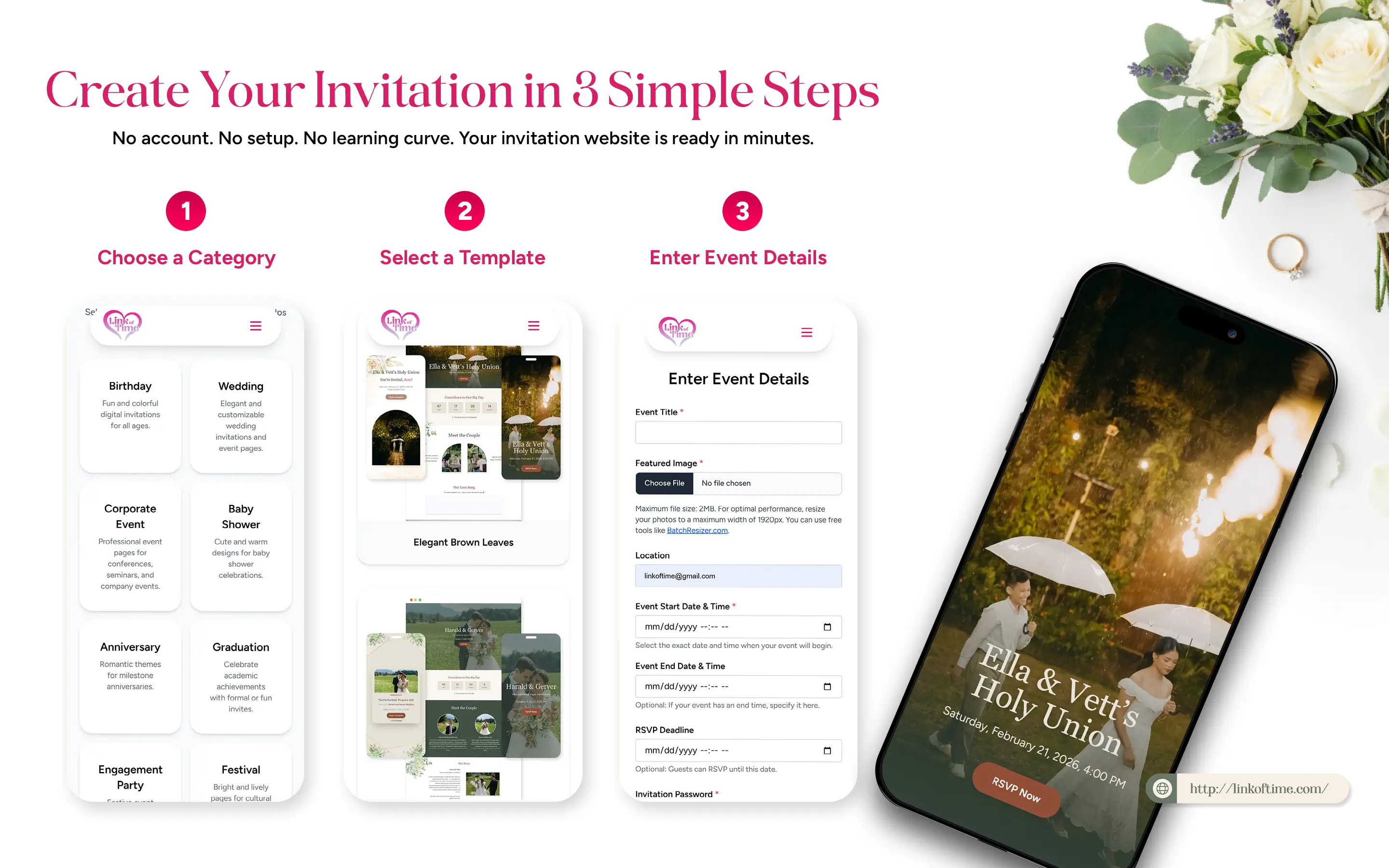 steps on how to create invitation website with rsvp in link of time